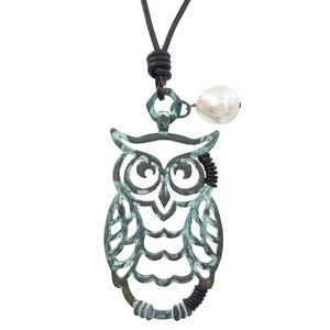 Patina Owl Rustic Long Cord Necklace